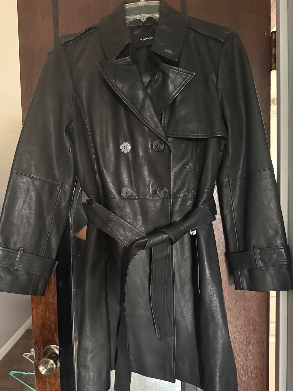 Tahari Black Leather Double-Breasted Trench Coat with Belt